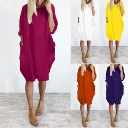 Casual Dresses Plus Size Women's Dress Fashion Long Sleeve O Neck Loose Pocket Tshirt Solid Autumn Vestidos Robe Femme