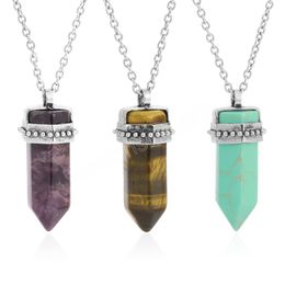 Natural Stone Hexagonal Pendant Man Necklace Reiki Crystal Pendant Stainless Steel Chain Necklaces Jewellery Father Gift