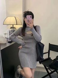 Basic Casual Dresses Womens Sexy Tight Knit Jumper Dress Fashion Designer Crochet Blue Grey Cotton Dresses Luxury One Size Slim Dress Woman Autumn Luxury Lady c