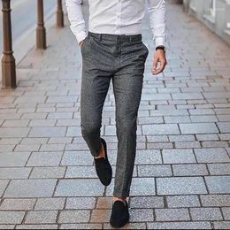 Men's Suits Men's & Blazers Gentleman Grey Stretch Slim Fit Wedding Pants Mens Skinny Social Classic Trousers Dark Blue Elegant Dress