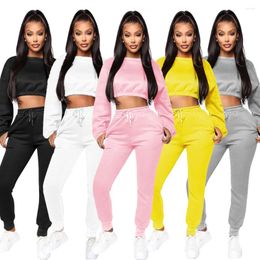Women's Two Piece Pants Winter Thick Fleece Hoodies Tops And 2 Set Women Tracksuit Crop Top Trousers Casual Sportwear Matching