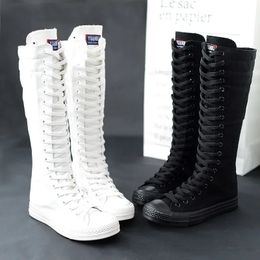 Boots High Top Women Canvas Shoes Lace Up Knee High Boots Flats Casual Vulcanized Shoes Sneakers Comfortable Girls Canvas Long Boots 231027