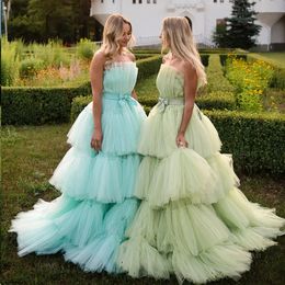 Layered Ball Prom Dresses Strapless Bow Tie Ruffles Formal Party Gown Tutu Tulle Females Birthday Dress 326 326