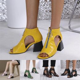 Sandals Ladies Fashion Solid Color Leather Hollow Open Toe Thick High Heeled Front Zipper Roman H For Women