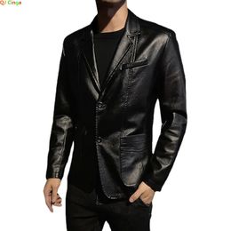 Mens Leather Faux Spring Black PU Suit Jacket Fashion Slim Business Casual Blazers Coat Red Blue Khaki 231027