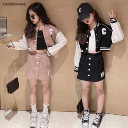 New Tracksuit Brown Baseball Girls Teenager Patchwork Button Black Crop Top Coats A line Skirt Set Varsity Bomber Jacket School