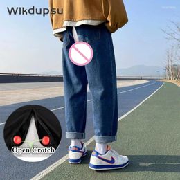 Men's Jeans Straight Loose Trousers Korean High Street Men Open Crotch Zipper Pants Outdoor Sexy Wear Denim Classic Fashion Trendy