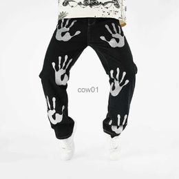 Men's Pants IFitnaEU 2023 New Products Y2k Men's Straight Leg Jeans Black Trousers Silver Glitter Hand Printed High Street Design Ins J231028