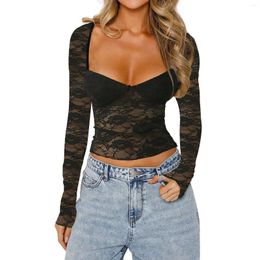 Women's Blouses Women Floral Lace Crop Tops Summer Fall Hollowed Fitted Pullovers Vintage Square Neck Long Sleeve Streetwear Aesthetic