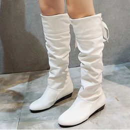 Boots Shoes For Women Spring Knee High Boots Red Black White Tall Boots Woman Pleated Low Heel Casual Leather Female Long Shoes 231027
