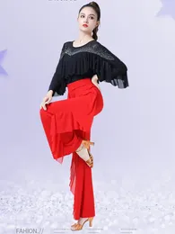 Stage Wear Ruffle Rhinestones Ballroom Tops Standard Modern Dance Clothing Suit Latin Women Solid Colour Costume Waltz Mesh Pants