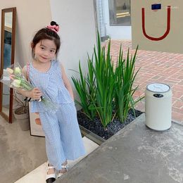 Clothing Sets Summer Girls' Plaid Suit Korean Baby Girl Casual Thin Sleeveless Tops Pants 2pcs Children's WT806