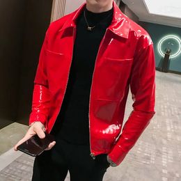 Mens Leather Faux Leather Leather Jacket Shiny Mens Jacket Red Black Stage Costume Singer Club Party Tight Jacket Men 231027