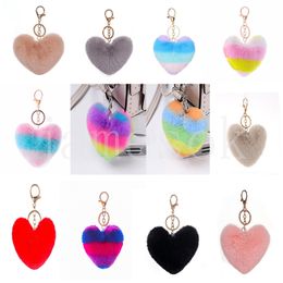 Fashion Splicing Heart Ball Pom Pom Keychain Fluffy Faux Rabbit Fur Pompom KeyChain Women Bag Charms Trinket Christmas Keyring DB482