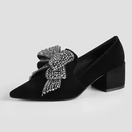 Dress Shoes Fashion High Heels Women's Thick Pointed Toe Rhinestones Bow Knot Shallow Mouth Single Pumps Women Black