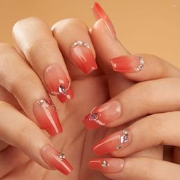 False Nails 10Pcs Simple Pink Press On Shiny Glitter Nail Long Almond Fake With Glue Wearable Acrylic Full Cover Tips