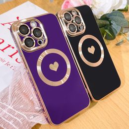 Luxury Plating Magnetic For Magsafe Side Love Heart Soft TPU Cases Camera Lens Glass Protection Shockproof Cover For iPhone 15 14 13 12 11 Pro Max XR XS X 8 7 Plus