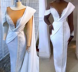 2024 Arabic Aso Ebi Luxurious Sheath Wedding Dress Pearls Sheer Neck African Bridal Formal Gowns Women Customed Vestidos De Noiva