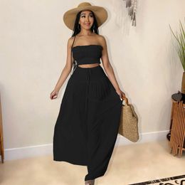 Women's Two Piece Pants Cutubly Fashion Chiffon Womens Vacation Outfits 2023 Strapless Crop Tops Y2K And High Waist Wide Leg Loose 2 Sets