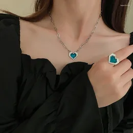 Necklace Earrings Set Simple Heart Green Stone Ring And For Women Jewelry Gift Silver Color ChainLink Opening