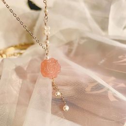 Chains Natural Pink Agate Peony Pendant Necklace Flower Blossoming Sweater Chain With Pearl Bead 14K Gold Planted Woman