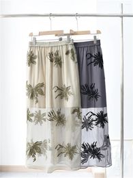 Skirts Silk Ladies All-Match High Waist A-Line Transparent Gauze Jupe Women Plant Sequin Embroidery Skirt 2023 Summer