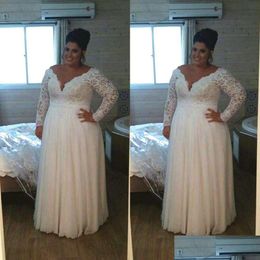 A-Line Wedding Dresses Plus Size Lace Top Long Sleeve Deep V Neck Floor Length 2021 Elegant Bridal Gowns Custom Drop Delivery Party E Dhxgo