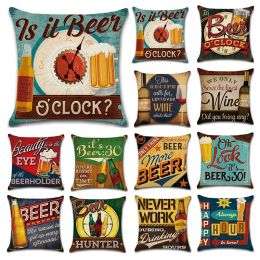 Holiday Beer Bottle Pillow Case British Style Retro Pillow Cover Single-sided Print 45*45cm Pillow Cover Home Bar Decoration TH1183