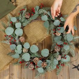 Decorative Flowers 40cm Pine Cones Artificial Christmas Wreaths Crestwood Spruce Front Door Red Berries Wreath Decoration Home Xmas