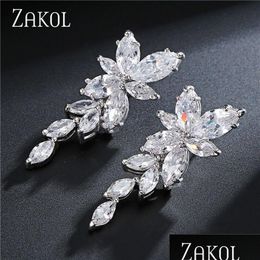 Marquise Cut Cluster Flower Earring Zirconia Crystal Long Dangle Drop Earrings Shiny Leaf Bridal Wedding Jewellery For Drop Del Dhgarden Otrn2