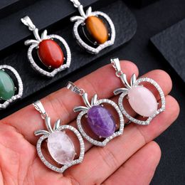 Natural Stone Crystal Carving Oval Apple Charms Tiger Eye Rose Quartz Rhinestone Women Pendants for Necklace Jewellery Making