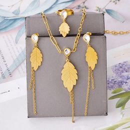 Chains Chinese Style Long Tassel Earrings Water Drops Zircon Leaf Sweater Chain Necklace Women's Titanium Steel Ring