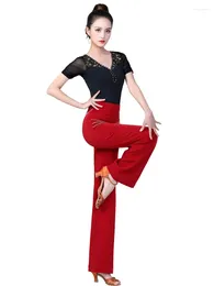 Stage Wear Solid Colour Ballroom Standard Pants Women Korean Style Clothes Latin Dance Rhinestones Elegant Waltz 2023 Line Trousers