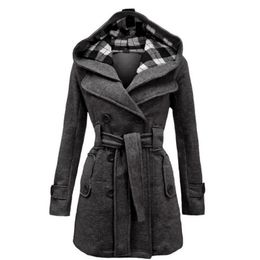 Women's Wool Blends Winter Woollen Coats for Women Belt Hooded Overcoats Office Ladies Elegant Business Fashion Female Outwear Button Casual Jacket 231027