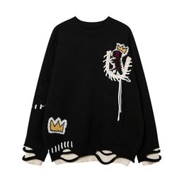 High Street Man Sweaters Hole Ripped Tassel Printed Fake Two Piece Loose Oversize Knit Casual Tops Autumn Winter