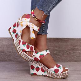 Sandals Summer Women Platform Woman Print Bow Wedges 2023 Ladies Lace Up Shoes Female Casual Elegant Footwear For