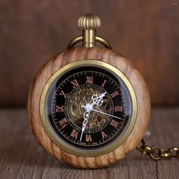 Pocket Watches Classic Roman Numerals Display Full Wooden Watch Mechanical Clock Bronze Hanging Pendant Chain Vintage Timepiece