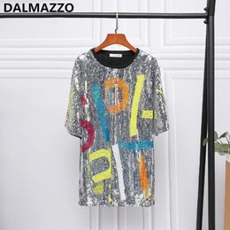 Urban Sexy Dresses DALMAZZO Fashion Print Letters Sequin Clothes For Women T Shirt Loose Straight Female Summer Mini Dress Stage Costumes 231027