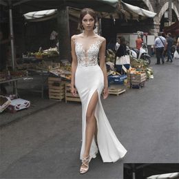 Mermaid Wedding Dresses Sexy Sheer Appliques Lace Simple 2023 Split Side Bridal Gowns Floor Length Custom Online Robe De Mariee Drop Dhq17