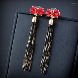 Dangle Earrings SINLEERY Long Tassel Bow Tie For Women Luxury Retro Black Red Cubic Zircon Trendy Jewelry ES029