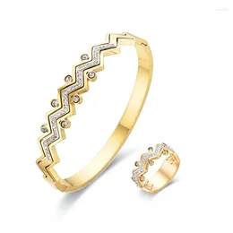 Wedding Rings FYSARA Luxury Geometric Wave Design Waterproof Stainless Steel Zircon Bracelets Serpentine Ring For Women Jewellery Set