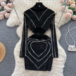 Casual Dresses Sexy Black Long Sleeve Sparkly Crystal Beaded Party Dress For Women Autumn Elegant Evening Bodycon Female Vestidos