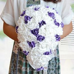 Wedding Flowers 2023 Purple White Crystal Beaded Bouquet Bridesmaid Bride Bridal Brooch Buque De Noiva