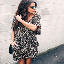 Fashion New Womens Leopard Print V-Neck Lantern Skirt Loose Sleeves Ladies Party Casual Dresses Size S-2XL333F