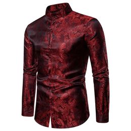 Fake Silk Paisley Tuxedo Shirts Autumn Streetwear Long Sleeve Mens Shirts Stand Collar Office Shirt Men Big and Tall Size XXL236F