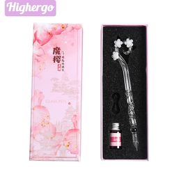 Fountain Pens Highergo Pink Sakura Glass Pen Set Crystal Dip with Ink Kits for Girls Gifts Calligraphy Writing Drawing Art Stationery 231027