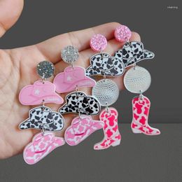 Dangle Earrings Creative Handmade Western Acrylic Black White Spot Cowboy Hat Pink Boots Disco Ball Party Jewellery