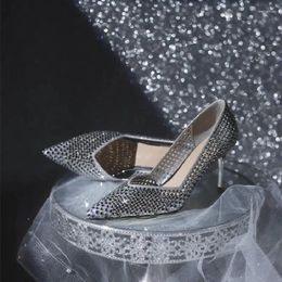 Dress Shoes Spring And Summer Pointed Shallow Cut Hollow Water Diamond Wedding Thin High Heel Banquet Women's Single