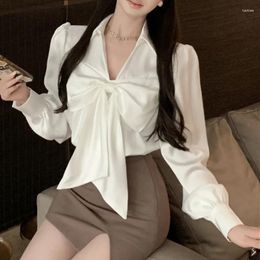 Women's Blouses Spring Autumn Ladies Shirt Half Open Collar Top Long Sleeve Bow White Pullover Temperament Elegance Women Tops 180i