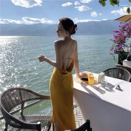 Casual Dresses Fashion Temperament Travel Clothes Fairy Beach Dress Slash Neck Sexy Spaghetti Strap Seaside Holiday Women Yellow